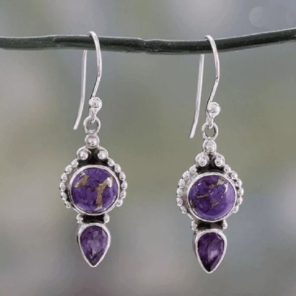 Purple Agate Antiqued Silver Earrings with Teardrop Design
